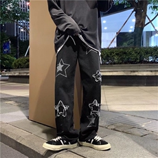 刺绣牛仔裤男春季ins高街宽松五角星拖地裤直筒阔腿裤子N1191-p45，男装牛仔裤，星座1008-1
