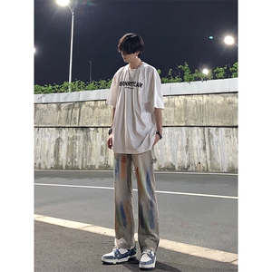 新款美式高街大码破洞涂鸦黄泥色牛仔工装裤货号K641P60图片