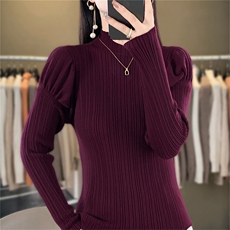 时尚百搭花苞袖高领针织衫修身显瘦仿羊毛毛衣女款，女装针织衫/毛衣，暖姿羊绒