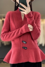 洋气荷叶边纯羊毛开衫女春毛衣针织外套红色短款披肩外搭羊绒上衣，女装羊毛衫，鹿一羊绒