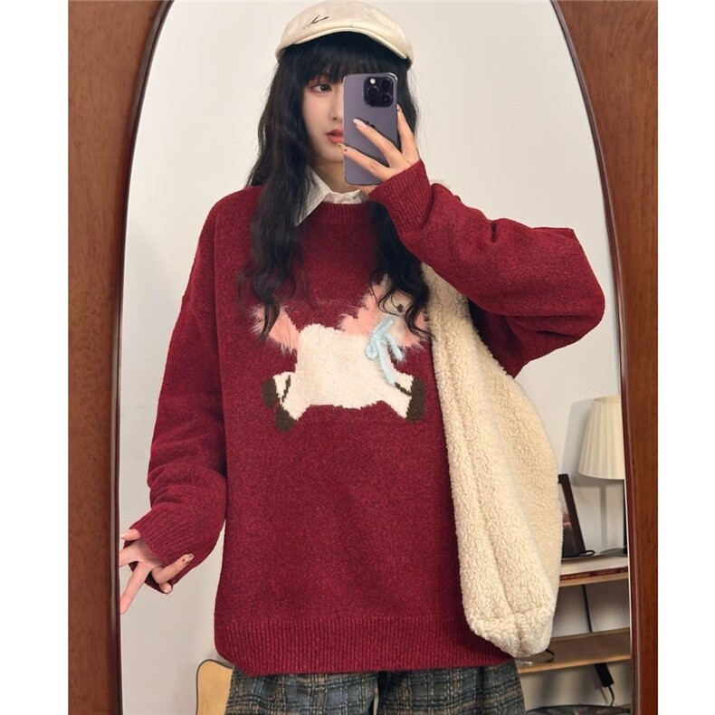 红色毛衣女款2025秋冬慵懒风美式宽松圆领针织衫情侣毛衣,男装针织衫/毛衣,星座506A