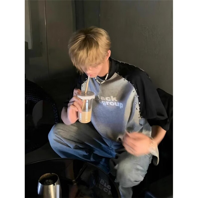 网络图现货！插肩袖重磅T恤铆钉拼色高街设计小领口短袖RT36-P48,男装T恤,星座1005-6