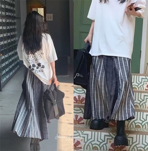 韩系小众复古拼接撞色格纹流浪风高腰长款半身裙图片