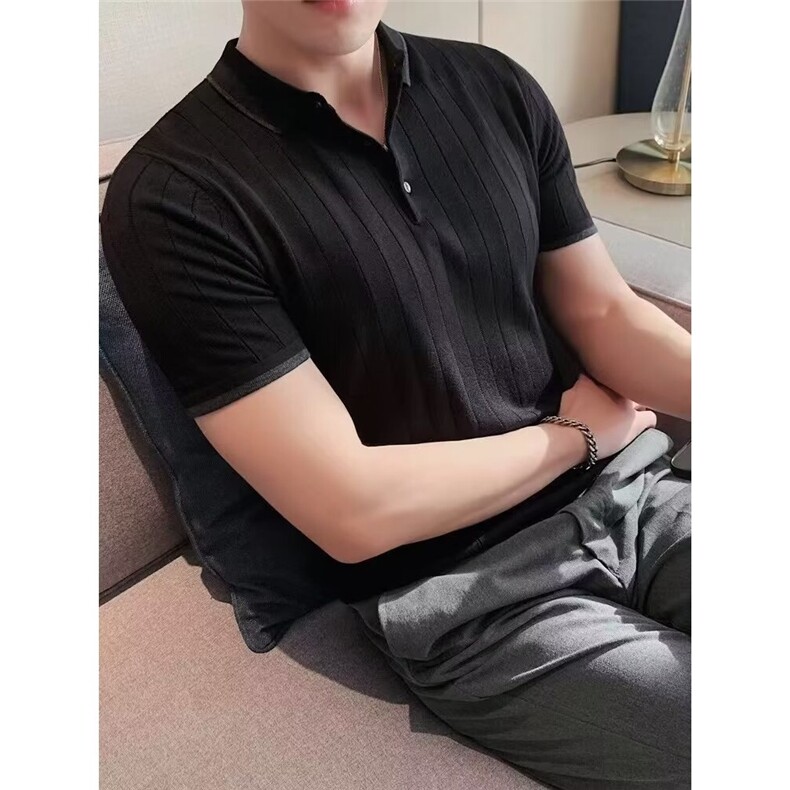 网图休闲透气人字纹提花短袖POLO衫男士修身冰丝条纹针织翻领T恤,男装T恤,星座410-6（原星座1304-1）