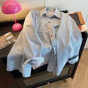 TC689-P45 复古简约撞色牛仔条纹oversize宽松百搭POLO领衬衫女图片