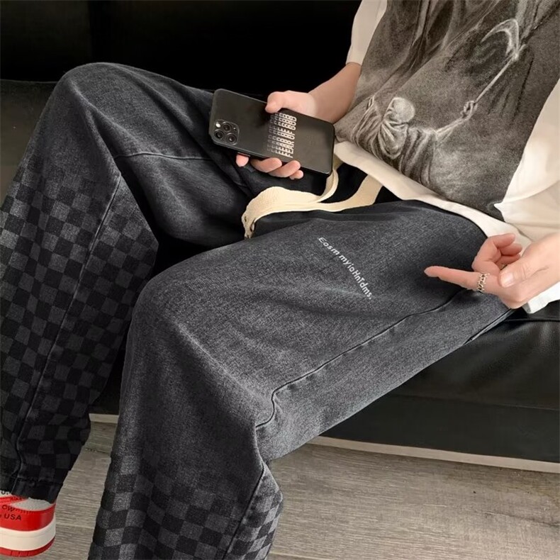 牛仔裤男秋季潮大码休闲裤子高街大抽绳棋盘格牛仔裤NZ22P45,男装牛仔裤,星座1116-2
