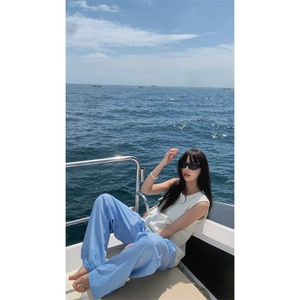 山本裤蓝色条纹休闲裤子女W18-P38图片