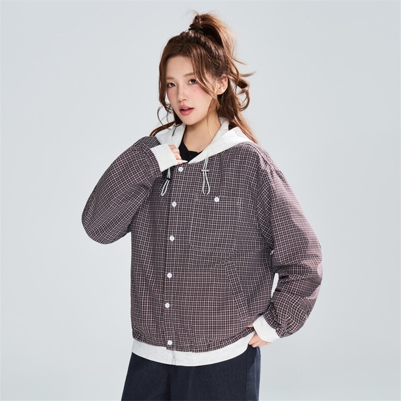 春秋宽松格纹连帽假两件夹克女休闲潮流百搭外套XZ309JK8016P83,男装夹克,星座309（原A406）