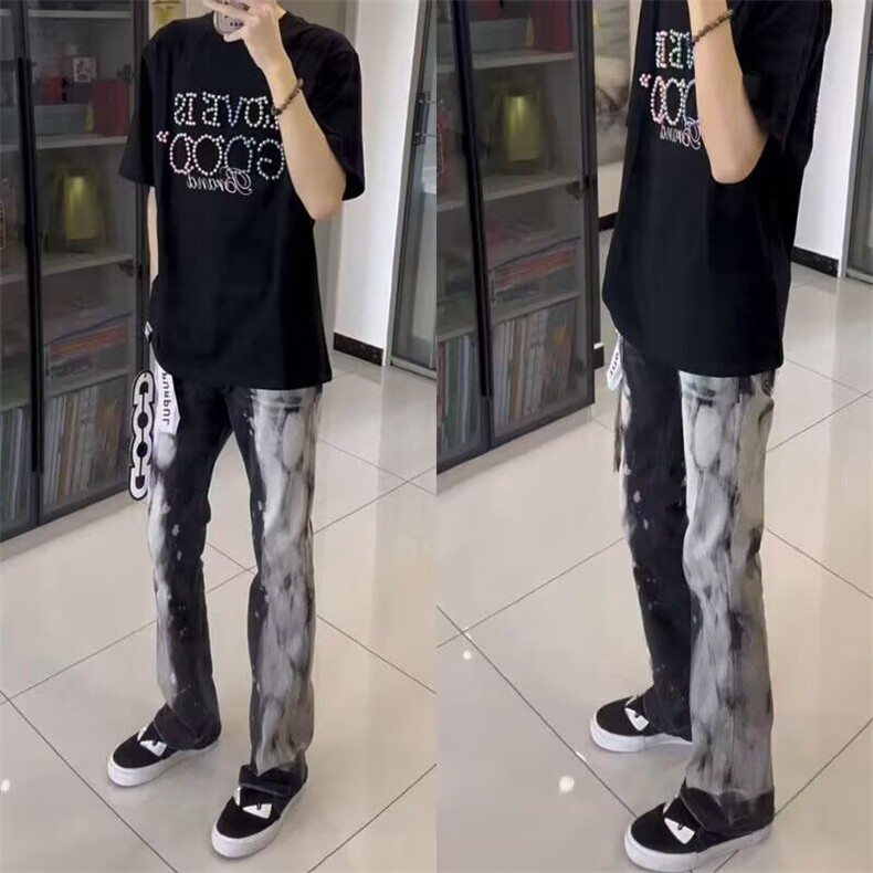 网红超火轻奢牛仔裤高街男女美式泼墨拼色修身小脚牛仔裤,男装牛仔裤,星座1210-1