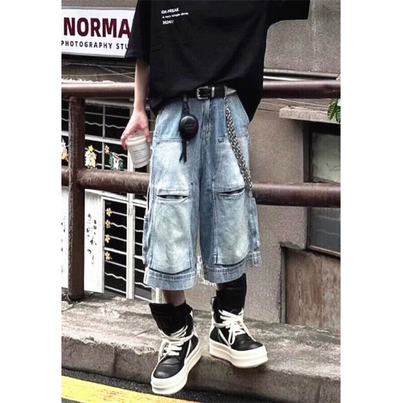 美式高街设计感工装牛仔短裤男新款宽松直筒多口袋七分裤ND12,男装牛仔裤,星座1116A（原606A-3）