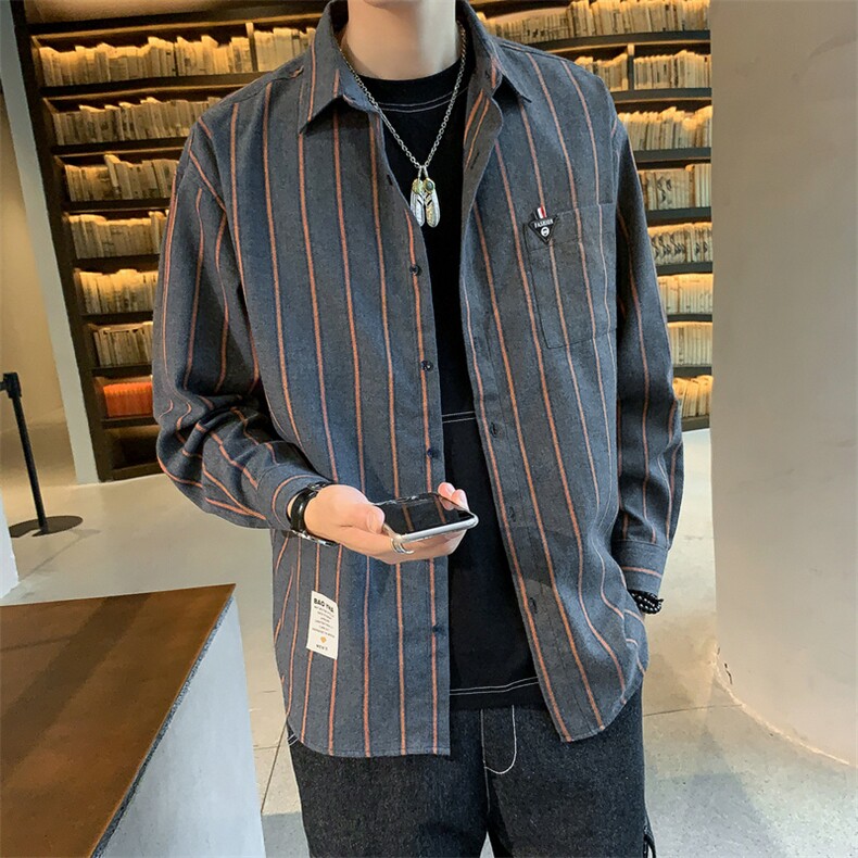 加绒加厚冬季休闲衬衫男长袖保暖条纹衬衣DS604T,男装衬衫,电商A102