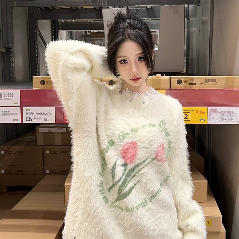 奶呼呼软糯水貂绒毛衣女秋冬加厚外穿宽松慵懒风圆领套头针织上衣，男装针织衫/毛衣，星座1210-1