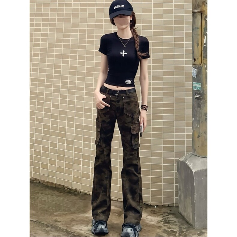 美式高街迷彩工装裤男款微喇裤子修身直筒高腰牛仔裤AM1757P58,男装牛仔裤,星座1013-5