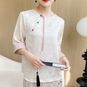 新中式轻风斜襟上衣缎面衬衣女款春秋圆领衬衫女图片