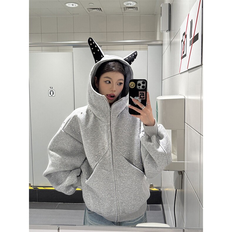 抖音得物高品质26春装美式高街铆钉杜宾犬耳朵开衫卫衣外套W125,女装短外套,电商A486