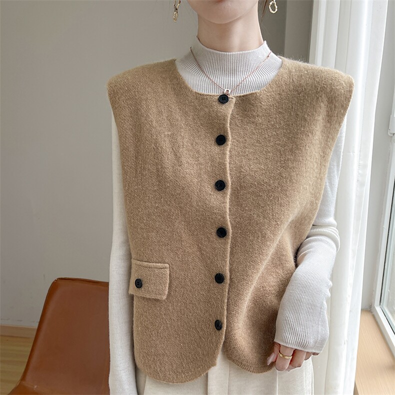 法式复古洋气针织坎肩女无袖开衫宽松外套马甲上衣叠穿马夹新款，女装马甲，圣丽羊绒