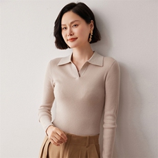 秋冬新款洋气时尚百搭显瘦女款POLO领35%山羊绒衫，女装羊绒衫，艾巧羊绒