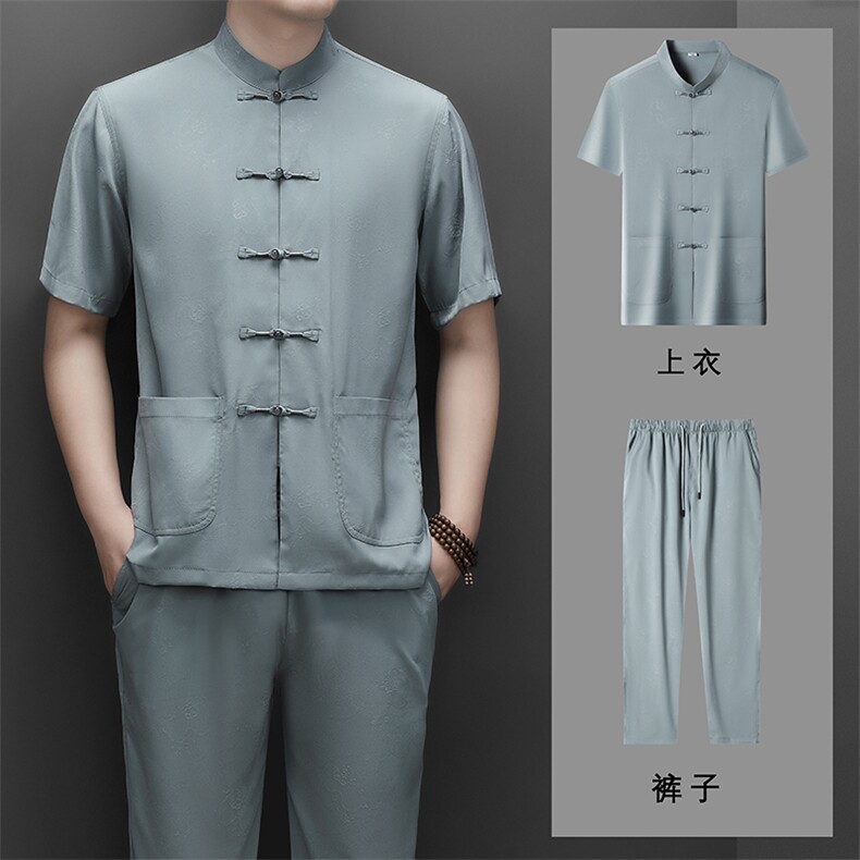 主推仿真丝绸唐装短袖衬衫长裤套装男士中老年风复古珠扣T恤,男装T恤,钱塘723