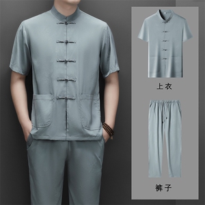 主推仿真丝绸唐装短袖衬衫长裤套装男士中老年风复古珠扣T恤图片