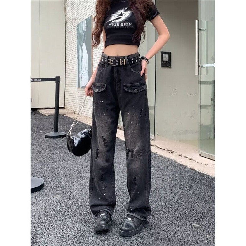 美式高街vibe牛仔工装裤女bf慵懒风春秋情侣款黑色伐木裤直筒裤，女装牛仔裤，星座506A