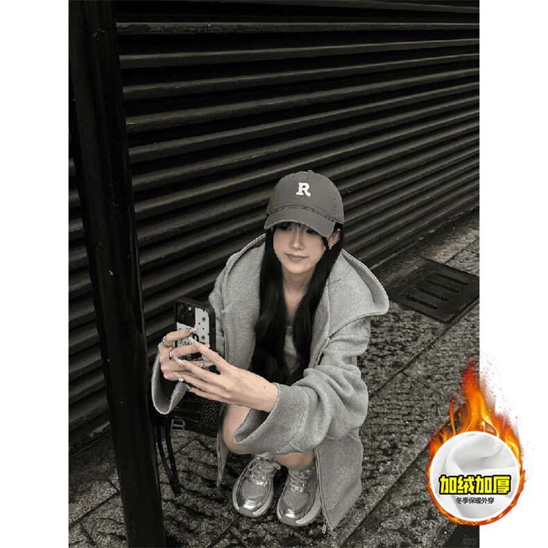 480G重磅加绒硬挺boxy男女秋冬美式高街结构双拉链开衫卫衣厚外套，女装短外套，电商A486