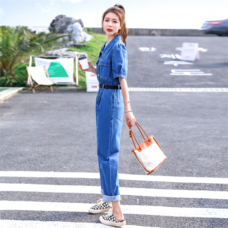短袖牛仔连体裤女2022夏季新款女装韩版时尚显瘦连衣休闲裤,女装连体裤,慧尚依恋