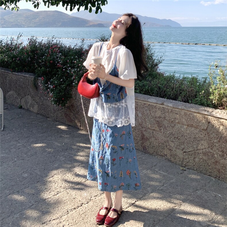 小香风蕾丝拼接假两件碎花衬衣半身裙套装女夏漂亮独特绝美两件套,女装套装/套裙,2D078