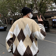 针织衫男女韩版潮流帅气百搭菱形格拼接2024冬季ins毛衣MZ753-P49，男装针织衫/毛衣，星座412-2