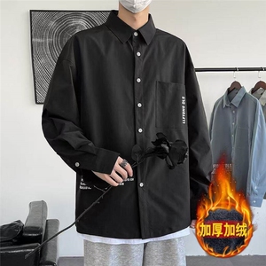 cityboy纯色长袖衬衫秋季日系复古仿麂皮绒廓形工装休闲衬衣外套图片