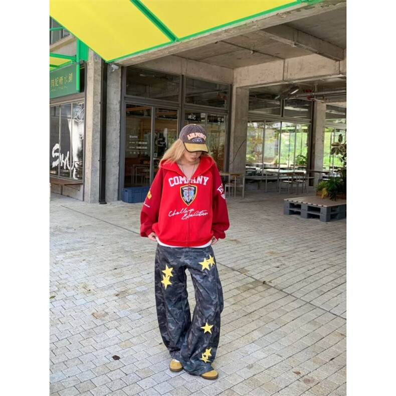 美式高街cleanfit星星迷彩工装牛仔裤男士宽松垂感直筒阔腿裤,男装牛仔裤,四季星座505
