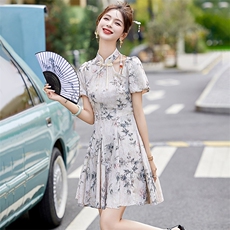 复古印花小个子旗袍连衣裙女2024夏季新款立领盘扣修身泡泡袖裙子，女装连衣裙，依如秀(原杭风阁)