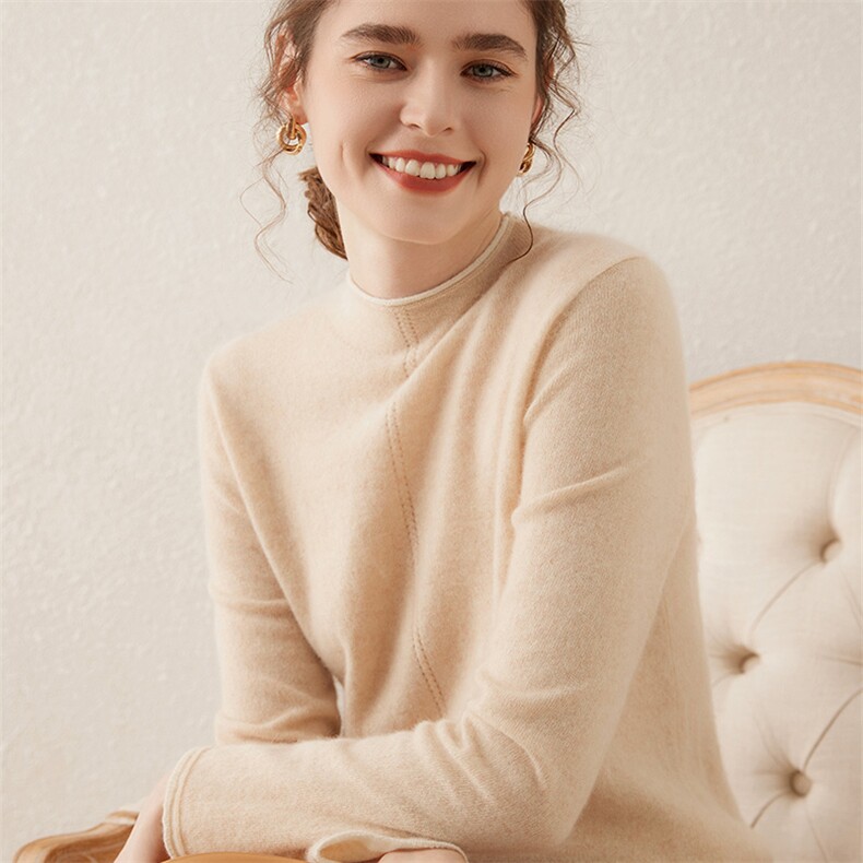 秋冬羊绒半高领长袖羊毛衫宽松百搭毛衣女套头羊毛针织打底衫上衣，女装羊绒衫，轩妮羊绒