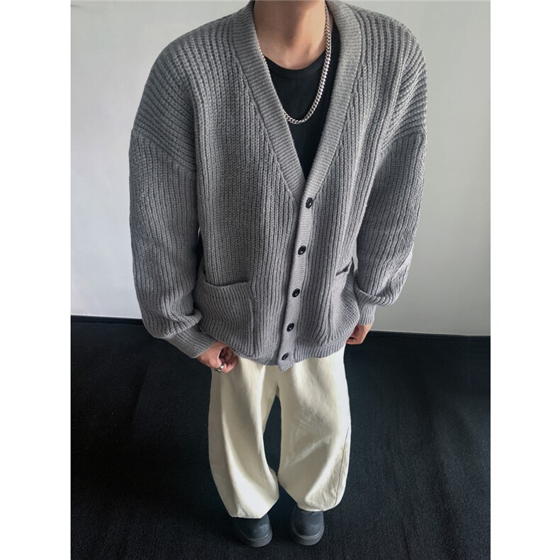 日系慵懒风V领针织衫毛衣情侣秋冬宽松百搭开衫外套M6001-特P50,男装针织衫/毛衣,电商A006