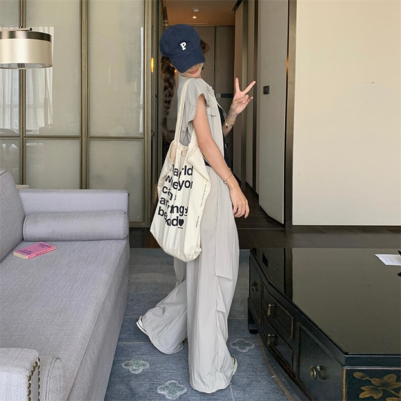 高级感炸街甜酷工装短袖套装女2025夏季新款时尚拖地阔腿裤两件套,女装套装/套裙,纯色衣恋