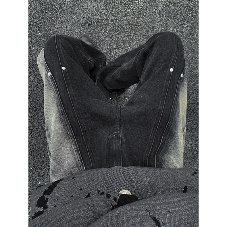 B221美式ins高街暗黑拼接铆钉直筒牛仔裤LK24165-P65控88,男装牛仔裤,电商B221