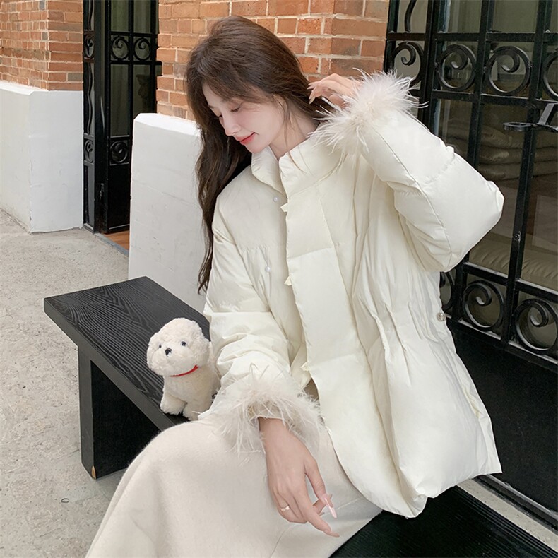 现货~~！设计感羽毛拼接长袖收腰白鸭绒外套P275389,女装羽绒服,2C262