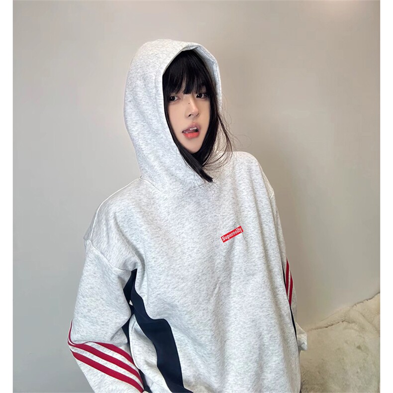 抖音得物高品质美式高街宽松结构潮流拼接织带连印花帽卫衣AW9601图片