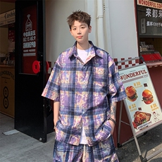 2025美式扎染印花冰丝凉感格子短袖衬衫薄套装TZ5600/特P45紫2，男装T恤，电商A094