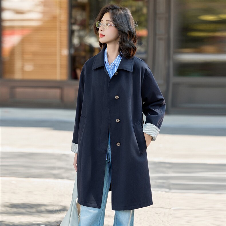 简约韩版休闲风衣女2025新款气质宽松高质感中长款外套,女装风衣,英标秀（1C119）
