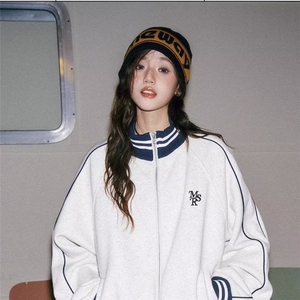 立领撞色条纹棒球服外套春秋季2025新款宽松夹克卫衣开衫女图片