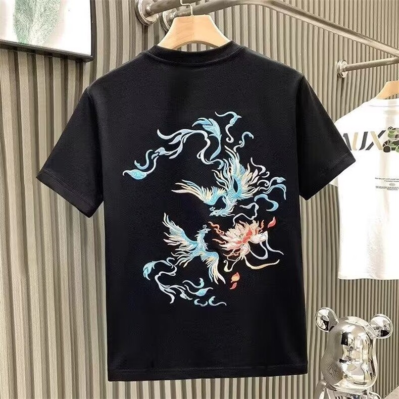 复古风圆领衣服白色刺绣短袖t恤男夏季宽松大码凤凰潮牌重磅,男装T恤,电商B212（原钱塘6029）