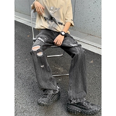 B221美式ins高街暗黑小众夏季重工艺破洞牛仔裤LK24178-P65控88，男装牛仔裤，电商B221