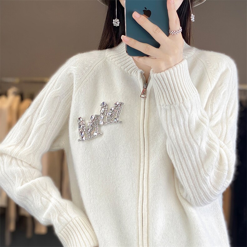 拉链开衫女圆领扭花镶钻棒球服针织外套宽松羊绒衫外搭,女装羊毛衫,暖烁羊绒