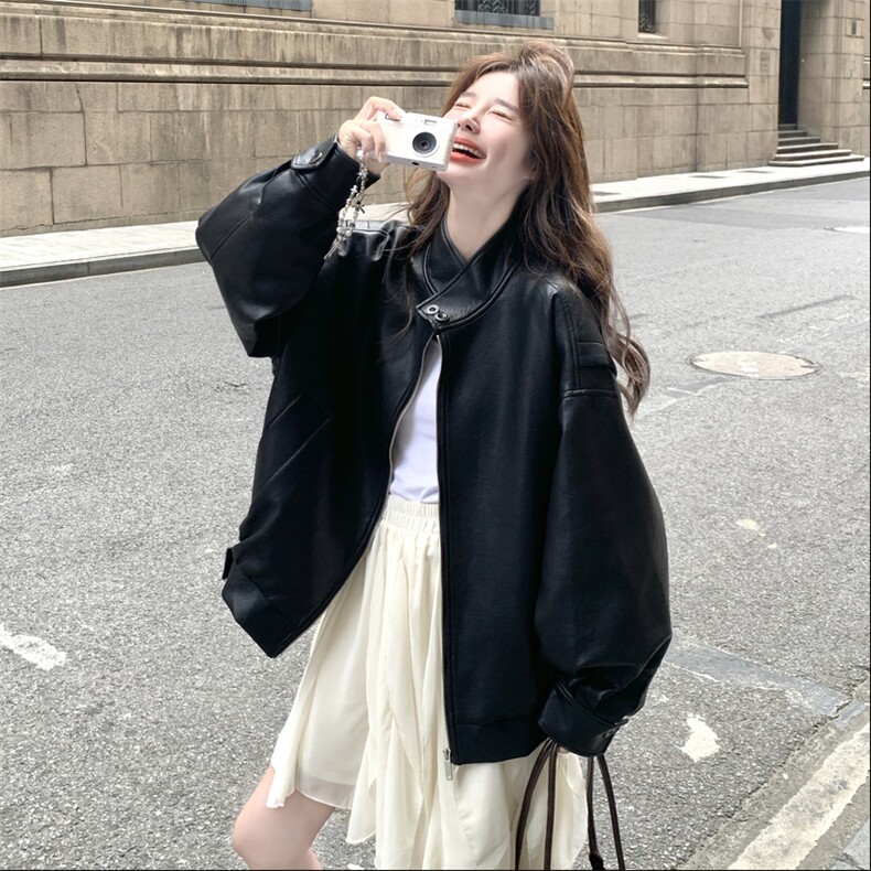 甜酷风美式复古黑色皮衣外套女春秋2025新款超火爆款高级感PU夹克,女装皮衣,2D076