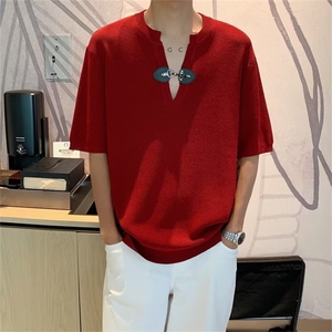 针织短袖t恤男轻熟风潮流设计感V领polo衫夏季韩版冰丝半袖上衣图片