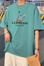T恤DF384-TP20-港风2023夏季短袖男大码宽松圆领休闲情侣印花T恤，男装T恤，电商A102-1