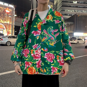 C7022男士休闲大码大花大V领七分袖T恤外套风民族特色套头TEE图片