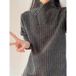 高品质春装新款老钱风美式高街鱼骨纹斜拉链解构高领卫衣长袖t恤图片