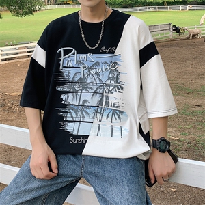 数据！设计感拼接撞色短T恤夏季宽松休闲男上衣XT228-P45控68图片