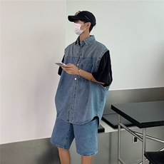 牛仔套装男韩版潮流无袖高街帅气2026夏季ins宽松五分裤W4894-P80，男装牛仔裤，星座412